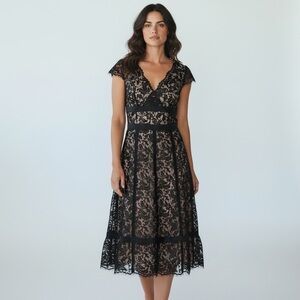 Ann Taylor LOFT Black Lace Overlay Cocktail Midi Dress Size 0